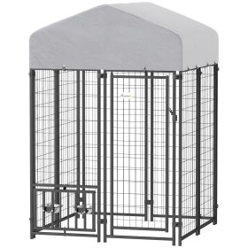 Welded Wire Outdoor Dog Kennel with 360Â° Rotating & 4 Levels Adjustable Bowls, Waterproof Cover, 3.9' x 3.9' x 6