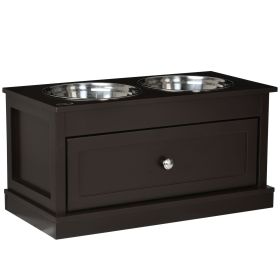 Double Elevated Dog Bowls for Large Dogs, Raised Dog Feeding Station with 2 Stainless Steel Bowls, Storage Drawer & Wood Stand for Cats, Brown