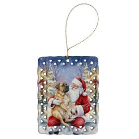 Mastiff with Santa Claus Porcelain Ornament Christmas Tree Hanging Decorations for Home Christmas Holiday, Rectangle, Gift, Multicolor