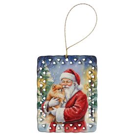 Pomeranian with Santa Claus Porcelain Ornament Christmas Tree Hanging Decorations for Home Christmas Holiday, Rectangle, Gift, Multicolor