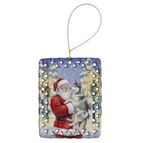 Siberian Husky with Santa Claus Porcelain Ornament Christmas Tree Hanging Decorations for Home Christmas Holiday, Rectangle, Gift, Multicolor
