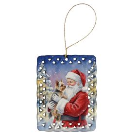Yorkie with Santa Claus Porcelain Ornament Christmas Tree Hanging Decorations for Home Christmas Holiday, Rectangle, Gift, Multicolor