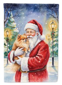 Pomeranian with Santa Claus House Flag Large Porch Sleeve Pole Decorative Outside Yard Banner Artwork Wall Hanging, Polyester, House Size, Multicolor