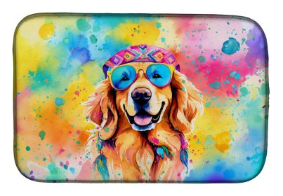 Golden Retriever Hippie Dawg Dish Drying Mat Absorbent Dish Drying Mat Pad for Kitchen Counter Dish Drainer Mat for Countertop, 14 x 21", Multicolor