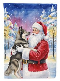 Norwegian Elkhound with Santa Claus House Flag Large Porch Sleeve Pole Decorative Outside Yard Banner Artwork Wall Hanging, Polyester, House Size