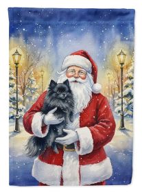 Black Pomeranian with Santa Claus House Flag Large Porch Sleeve Pole Decorative Outside Yard Banner Artwork Wall Hanging, Polyester, House Size