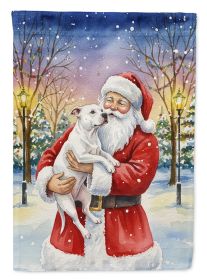 White Pit Bull Terrier with Santa Claus House Flag Large Porch Sleeve Pole Decorative Outside Yard Banner Artwork Wall Hanging, Polyester, House Size