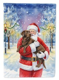 Chocolate Labrador Retriever with Santa Claus House Flag Large Porch Sleeve Pole Decorative Outside Yard Banner Artwork Wall Hanging, Polyester