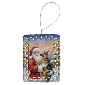 German Shepherd with Santa Claus Porcelain Ornament Christmas Tree Hanging Decorations for Home Christmas Holiday, Rectangle, Gift, Multicolor