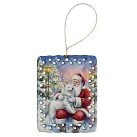 Samoyed with Santa Claus Porcelain Ornament Christmas Tree Hanging Decorations for Home Christmas Holiday, Rectangle, Gift, Multicolor