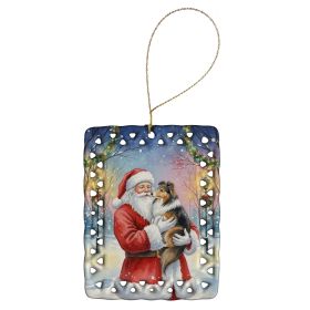 Sheltie with Santa Claus Porcelain Ornament Christmas Tree Hanging Decorations for Home Christmas Holiday, Rectangle, Gift, Multicolor