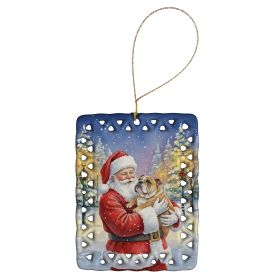 English Bulldog with Santa Claus Porcelain Ornament Christmas Tree Hanging Decorations for Home Christmas Holiday, Rectangle, Gift, Multicolor