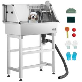 34 Inch Stainless Steel Dog Washing Station, Pet Grooming Tub with Hot & Cold Faucet, Showerhead, Storage Rack, No-Bend All-in-One Bathtub