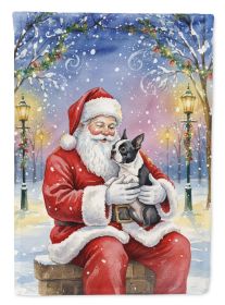 Boston Terrier with Santa Claus House Flag Large Porch Sleeve Pole Decorative Outside Yard Banner Artwork Wall Hanging, Polyester, House Size