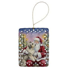 Bearded Collie with Santa Claus Porcelain Ornament Christmas Tree Hanging Decorations for Home Christmas Holiday, Rectangle, Gift, Multicolor