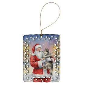 Keeshond with Santa Claus Porcelain Ornament Christmas Tree Hanging Decorations for Home Christmas Holiday, Rectangle, Gift, Multicolor