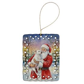 White Pit Bull Terrier with Santa Claus Porcelain Ornament Christmas Tree Hanging Decorations for Home Christmas Holiday, Rectangle, Gift, Multicolor
