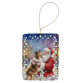 Collie with Santa Claus Porcelain Ornament Christmas Tree Hanging Decorations for Home Christmas Holiday, Rectangle, Gift, Multicolor