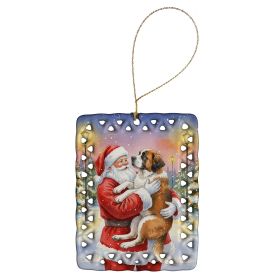 Saint Bernard with Santa Claus Porcelain Ornament Christmas Tree Hanging Decorations for Home Christmas Holiday, Rectangle, Gift, Multicolor