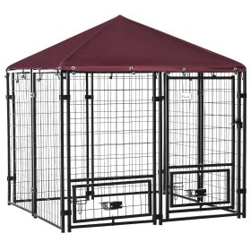 Outdoor Dog Kennel, Run, Large Wire Steel Fence, Lockable Pet Playpen Enclosure, with Water-, UV-Resistant Canopy Top, Door, Rotating Bowl Holders