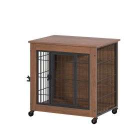 27.2" Dog Crate Furniture with Lockable Wheels Heavy Duty Wooden Dog Kennel with 2 Doors Steel Metal Pet Cage End Table Brown Indoor Dog House for Sma (size: 27.2 inch)