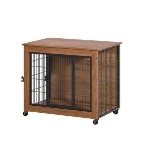 27.2" Dog Crate Furniture with Lockable Wheels Heavy Duty Wooden Dog Kennel with 2 Doors Steel Metal Pet Cage End Table Brown Indoor Dog House for Sma (size: 32.5 inch)