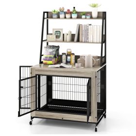 Industrial Dog Kennel Dog Crate Furniture with Storage Shelves (Color: Grey)