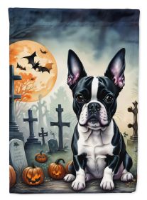 Spooky Halloween House Flag Large Porch Sleeve Pole Decorative Outside Yard Banner Artwork Wall Hanging, Polyester, House Size (Breed: Boston Terrier)