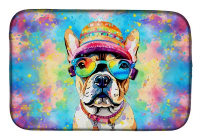 French Bulldog Hippie Dawg Dish Drying Mat Absorbent Dish Drying Mat Pad for Kitchen Counter Dish Drainer Mat for Countertop, 14 x 21", Multicolor (Default: Default)