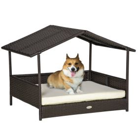 Wicker Dog House Outdoor with Canopy, Rattan Dog Bed with Water-resistant Cushion, Raised Dog Bed for Small, Medium Dogs up to 66 lbs, 19.75" in (Option: Cream White-830x175x690 mm)