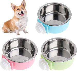 Crate Dog Bowl; Removable Stainless Steel Hanging Pet Cage Bowl Food & Water Feeder Cup for Dogs/Cats/Rabbits (size: blue)