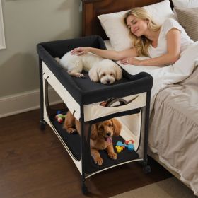 Elevated Lounge Pet Bed, Foldable Bunk Dog Bed With 600D Oxford Cloth And Dutch Velvet, Portable Raised Cot With Wheels and Side Storage Bags (Option: Beige)